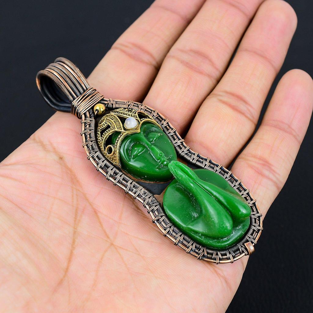Green Praying Lady Gemstone Pure Copper Wire Wrapped Handmade Pendant Jewelry