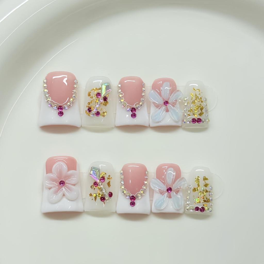 Handmade Creamy Rhinestone Press-On Nails - High-End Sparkle Clear Translucent Tips