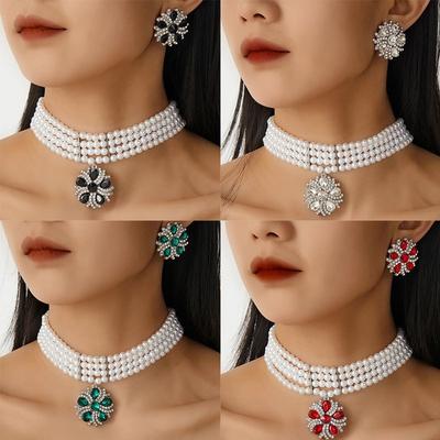 Mehrlagiges Perlen- und Diamanten-besetztes Schneeflocken-Ohrring- und Halsketten-Set Mittelalterlicher Hofstil-Schmuck