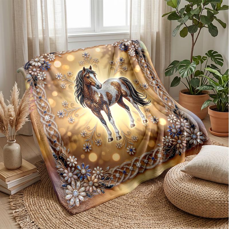Golden Horse Journey Theme blanket Lightweight Warm Flannel Blanket Decorative Throw Blanket for Home Decoration