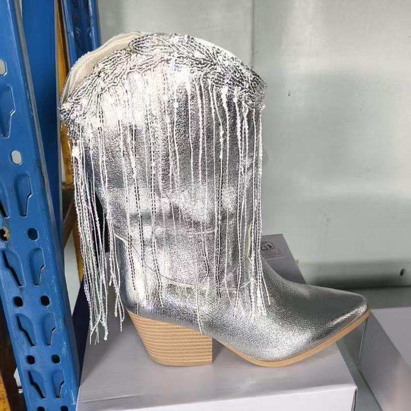 European and American Fashion Medium Tube Fashion Boots Women's Large Size Retro Thick Heel Pleated Foot Sleeve V Mouth Western Knight