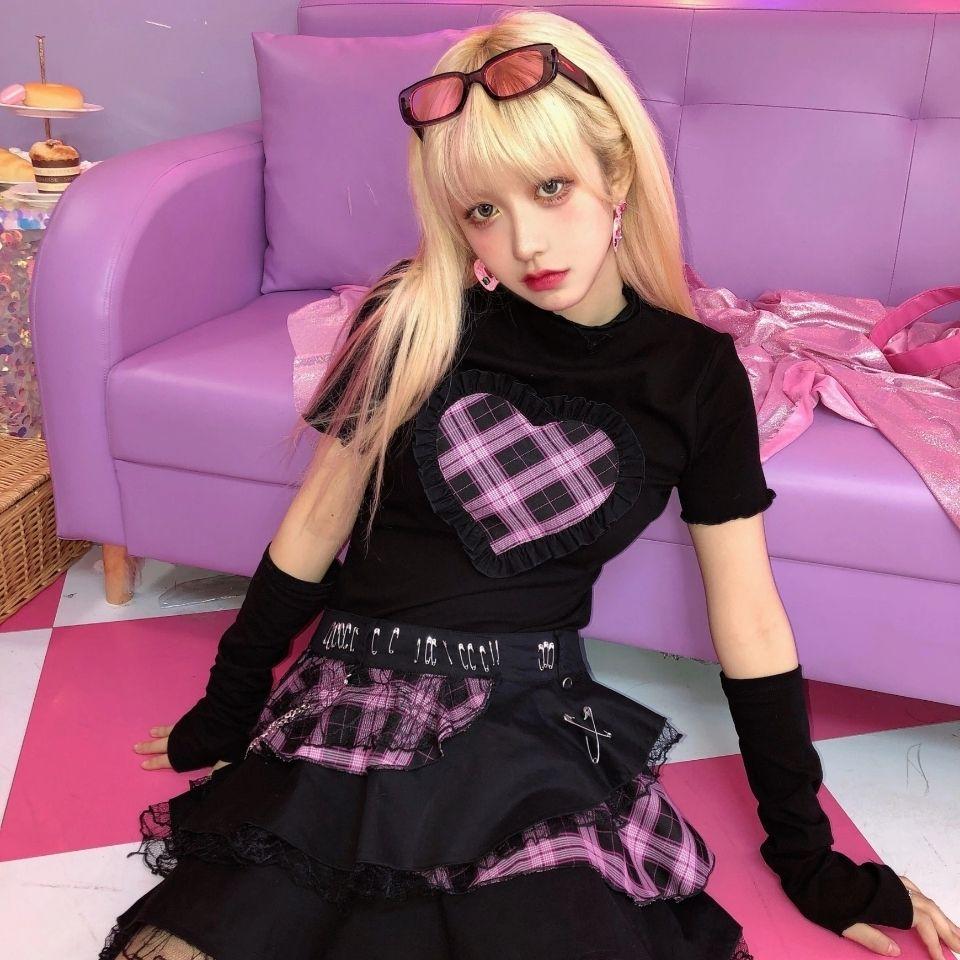 Gonne Scozzesi Pizzo Catena Rock Punk Ragazze Harajuku Donne Gotico Lolita Vita Alta Torta Mini Y2K Streetwear Top