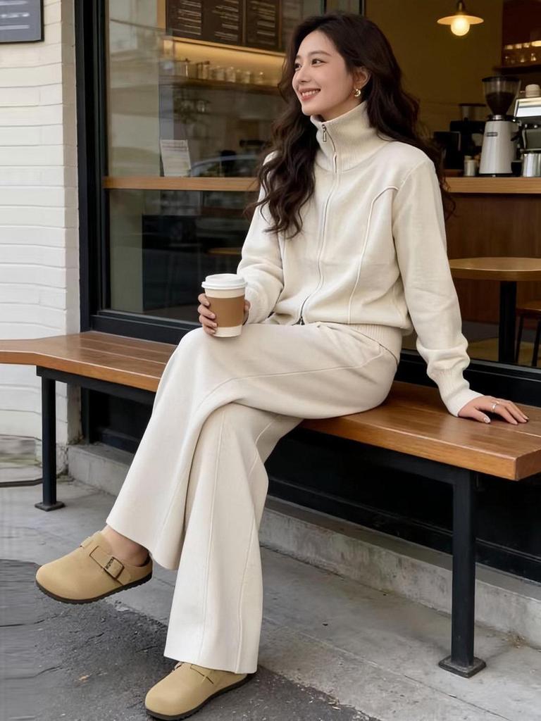 Korean Style Knit Sweater & Wide Leg Pants Set - Women's Spring/Autumn Slimming Hoodie Sportswear Two-Piece Set
