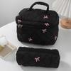 Yousheng Quilted Cosmetic Case Soft Makeup Pouch with Bow Embroidery Travel Toiletry Organizer for Women Girls Makeup