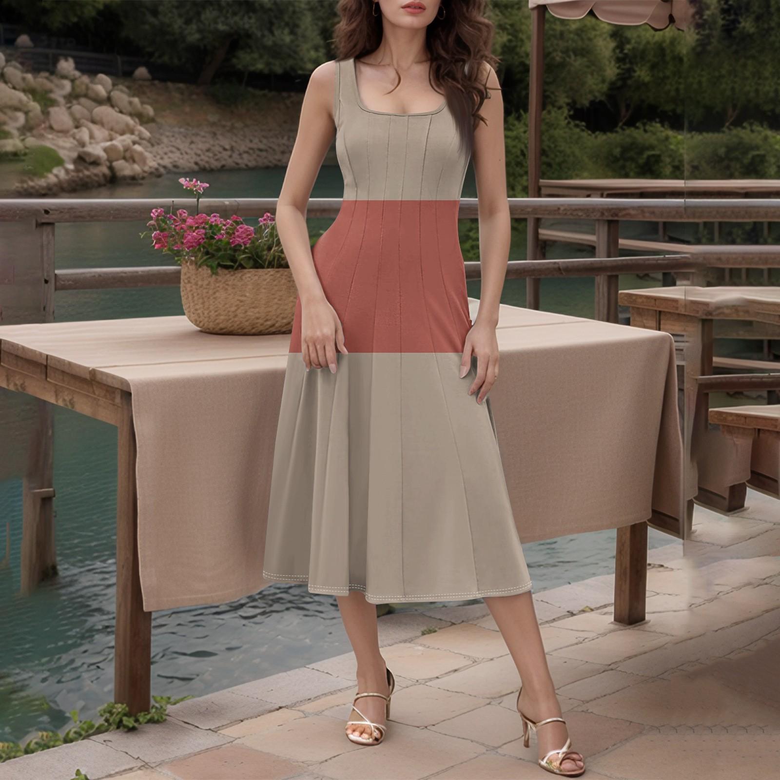 

Жіноча повсякденна модна суцільна сукня міді без рукавів із круглим вирізом і бічними кишенями XL хакі