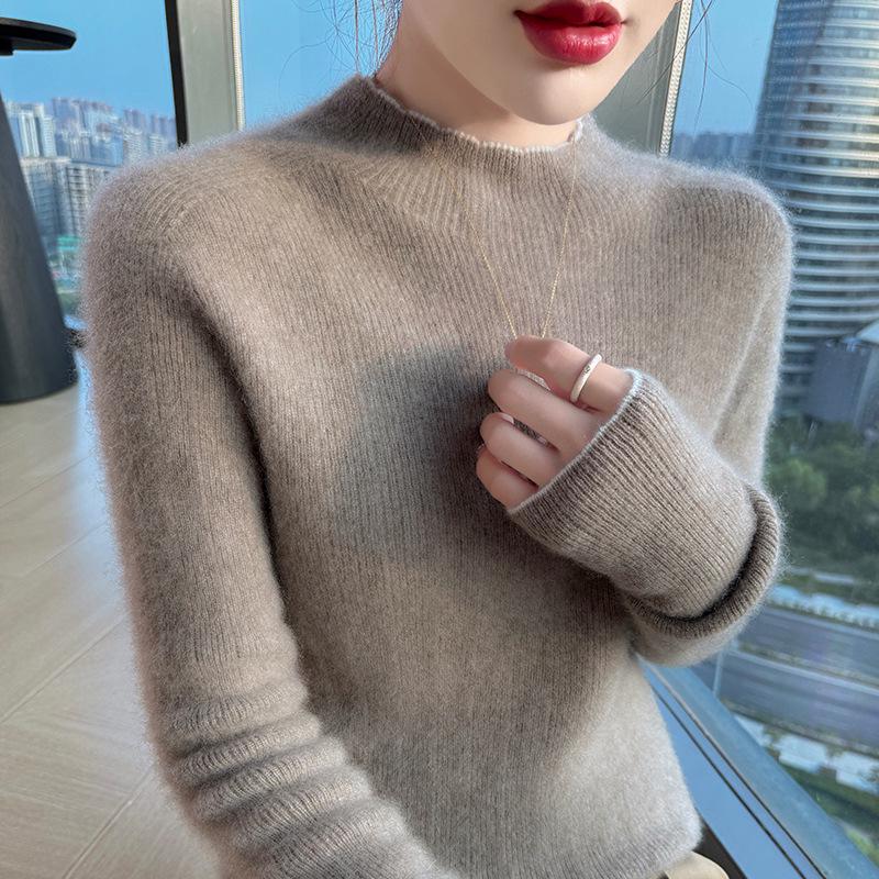 Women's Slimming Pure Wool Lace Half-High Collar Sweater - Ready-to-Wear Knit Pullover Base Layer