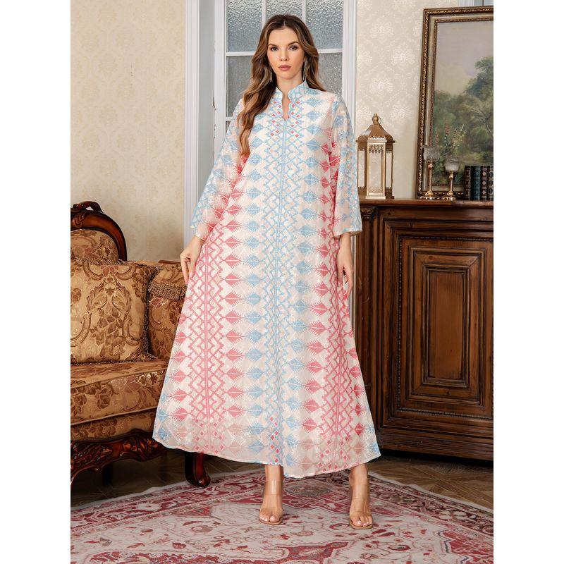 Indonesian Arab Cross-Border Embroidery Hot Drilling Robe Middle East Clothing Print Dress Dubai Women Clothes Dress