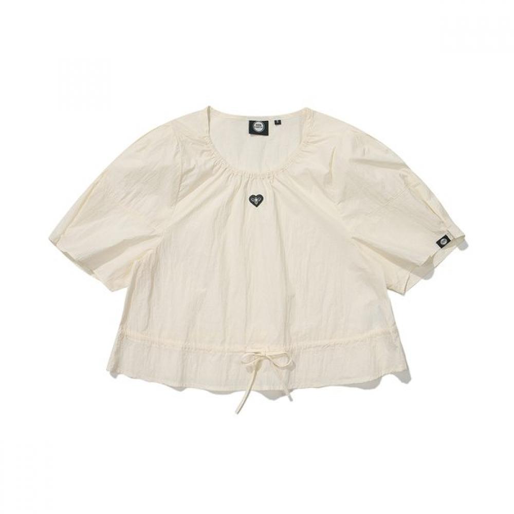 Women Woven Short Sleeve With Shirring Ribbon  White 095