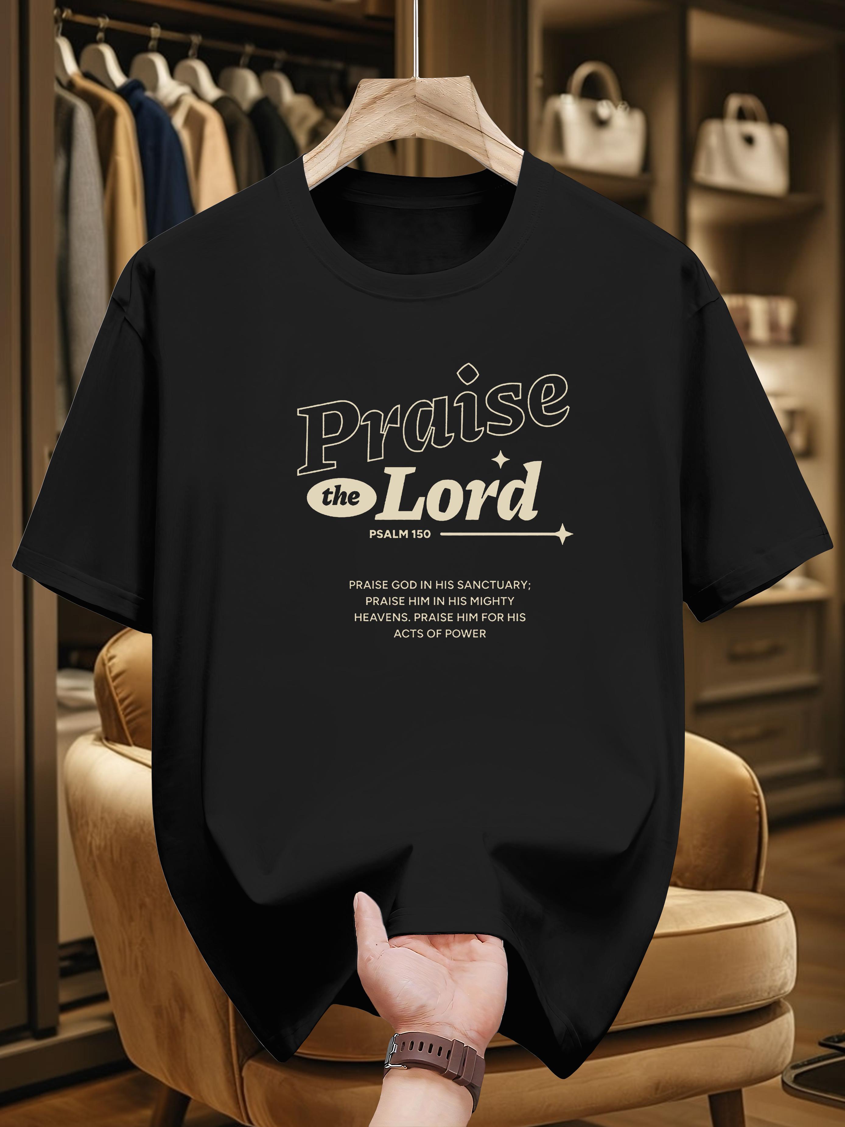 

200g 100% Cotton Short Sleeve T-shirt with Praise The Lord & Psalm 136:1 Inspirational Print - Black with Light Beige Design XXXL