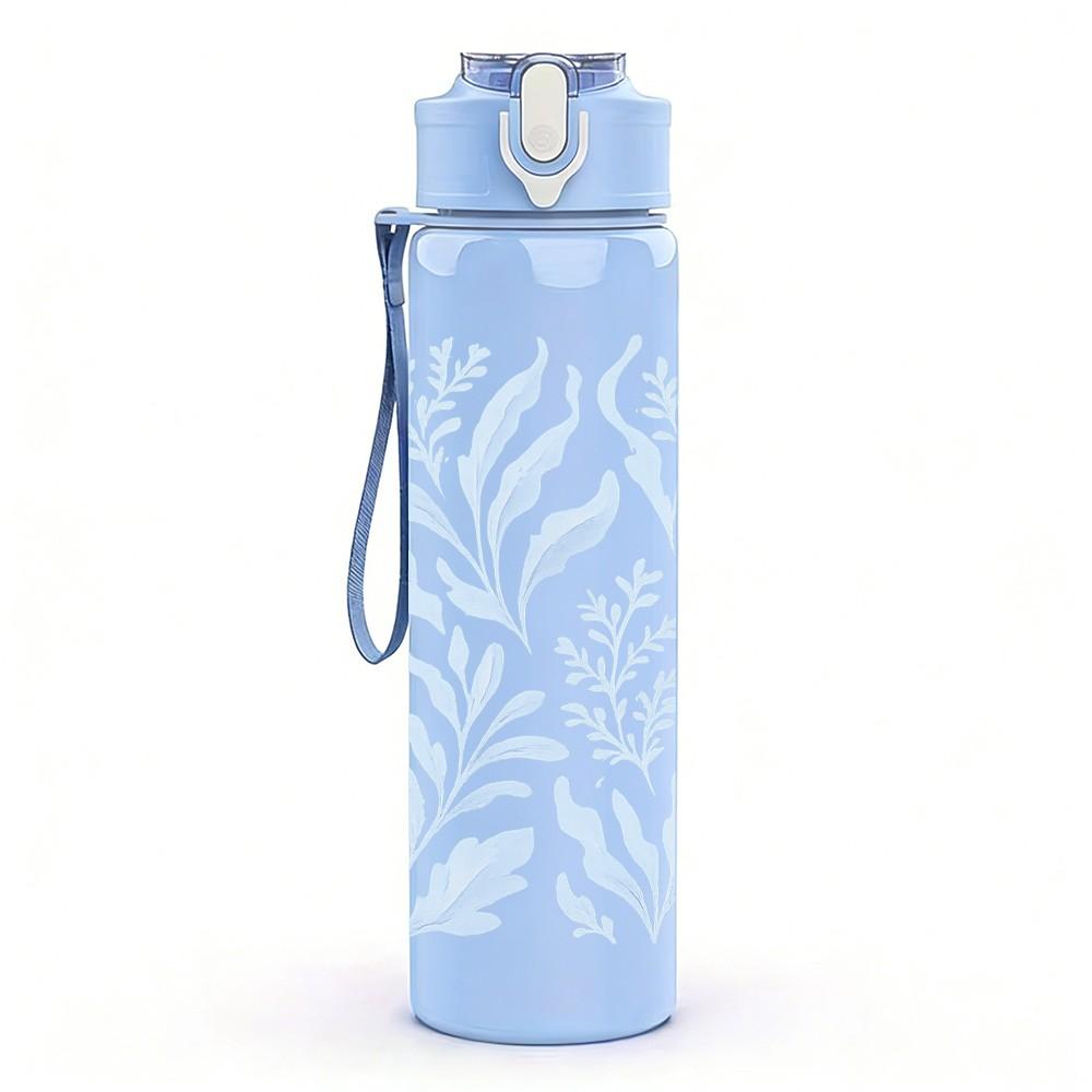 1PC Light Blue Fern Leaf Line Pattern Print 750ml Color Plastic Sports Water Bottle Leakproof Flip Straw Lid Suitable for Sports Office Home Use