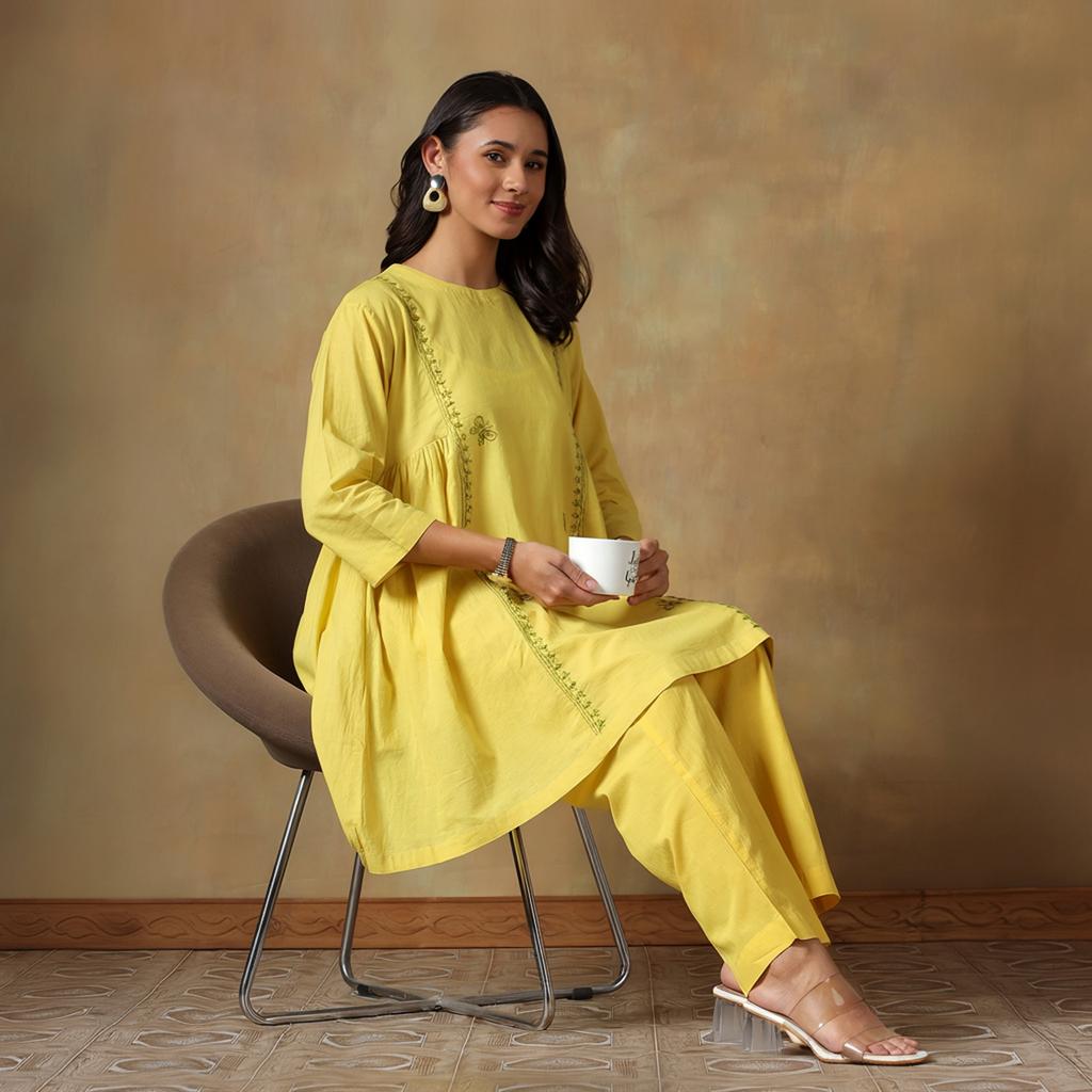 Yellow Cotton Chikankari Co-ord Set