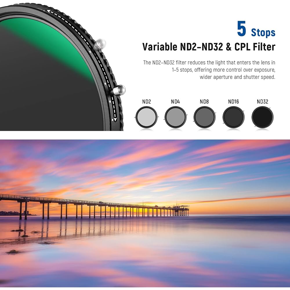 NEEWER 2-in-1 77mm Variable ND Filter ND2–ND32 & CPL Multifunctional Filter, 2-in-1, No X-shaped unevenness, HD Optical Glass, 30-layer Nano Coating, 