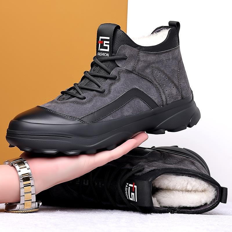 

Wool fur integrated leather men s cotton shoes winter thickened velvet warm leather boots outdoor mountaineering high-top boots tide 44