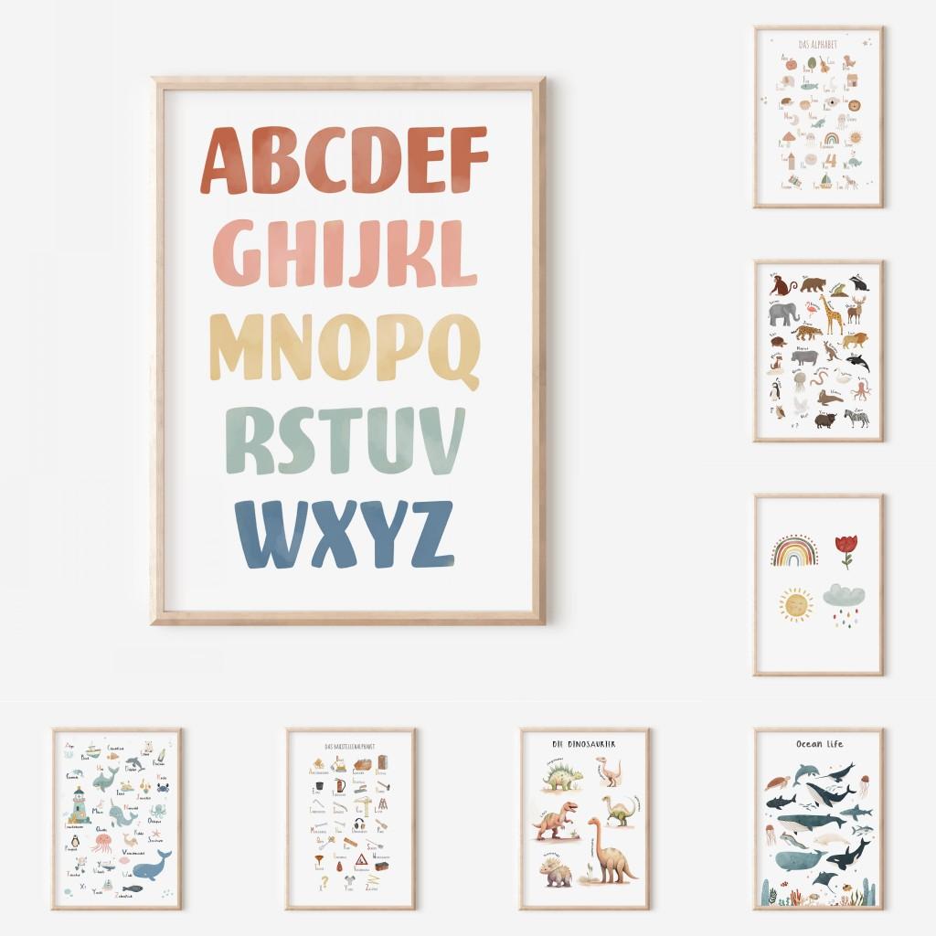 Nordisches Retro Alphabet Zahlen Poster und Drucke Kinderzimmer Dekoration Cartoon Tier Pflanze Werkzeug Wandkunst Leinwandbild