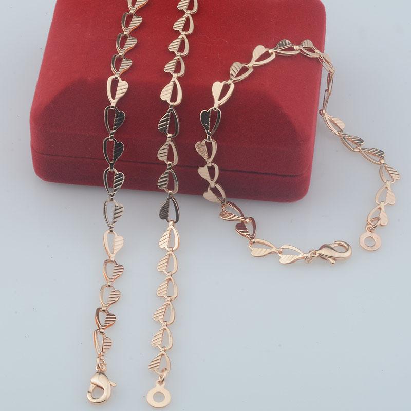 14K Rose Gold 585 Women Half Carved Heart Necklace And Link Bracelet Set 6mm Fine Jewelry Gift