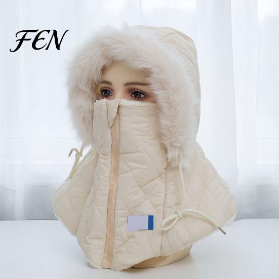 Adjustable Outdoor Riding Headgear Women Winter Balaclava Hat, Quilted Face Mask Hood Zipper Closure, Fuzzy Trim, Windproof Ski Cap with Fleece Lined,
