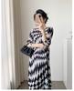 Miyake Geometric Print Women's Pleated Dress with Waist-Cinch and Three-Quarter Sleeves – Elegant and Slimming Design