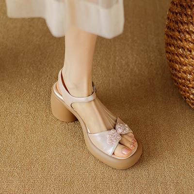 2024 Summer New National Style Pearl High-heeled Thick-soled One-word Buckle with Open-toed Sandals Women