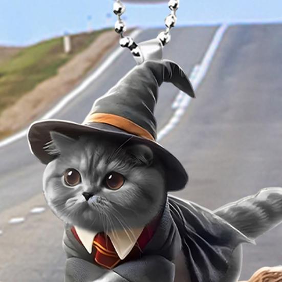 Cat Car Rearview Mirror Charm 2D Flat Acrylic Pendant Eye-Catching Christmas Tree Hanging Ornament Car Interior Decor for Home Window Bag