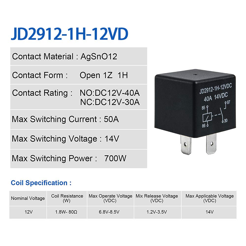2 Pack Car Relay 4 Pin 12V 40 Amp Model No : JD2912-1H-12VDC 40A 14VDC, Car Relay Switch Auto Switches & Starters