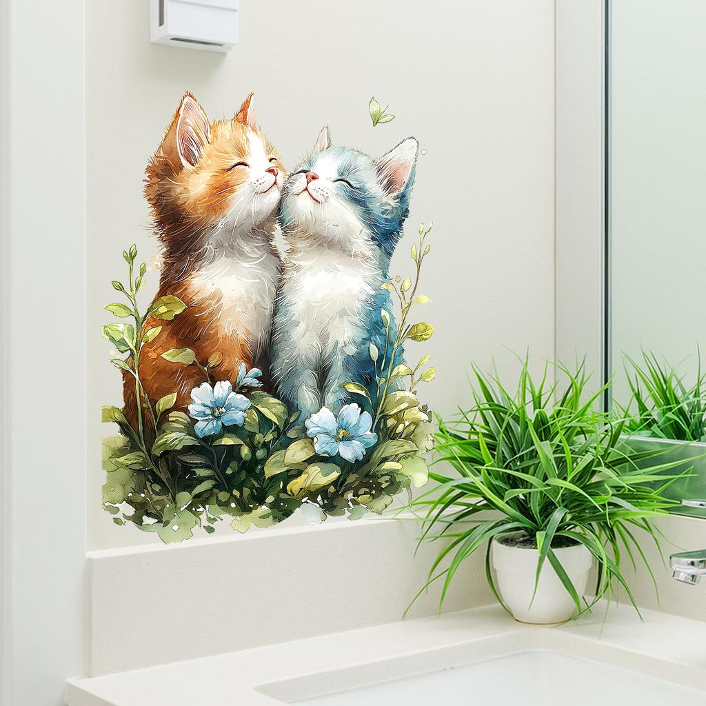 Sleeping Cute Cat in Grass Wall Stickers, Self-Adhesive Decor for Bedroom Living Room Study Room Decoration