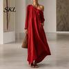 Polyester Dress Women Summer Maxi for Women, Casual Loose One Shoulder Long Sleeve Dress, Flowy Beach Vacation Sundress wwith Pockets Elegant
