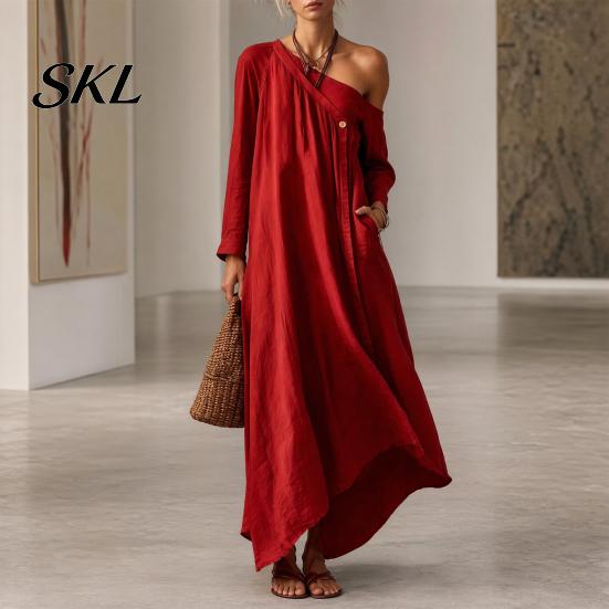 Polyester Dress Women Summer Maxi for Women, Casual Loose One Shoulder Long Sleeve Dress, Flowy Beach Vacation Sundress wwith Pockets Elegant