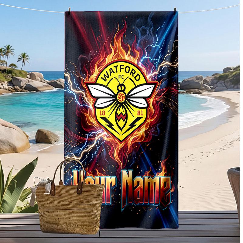 Watford FC Personalized Printed Beach Towel Soccer Logo Support Custom Name Text Absorbent Towel For Sport Travel Special Gift