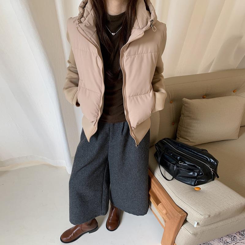 Autumn and winter new European and American style short hooded cotton-padded jacket high waist jacket light and thin hooded splicing jacket cotton-pad