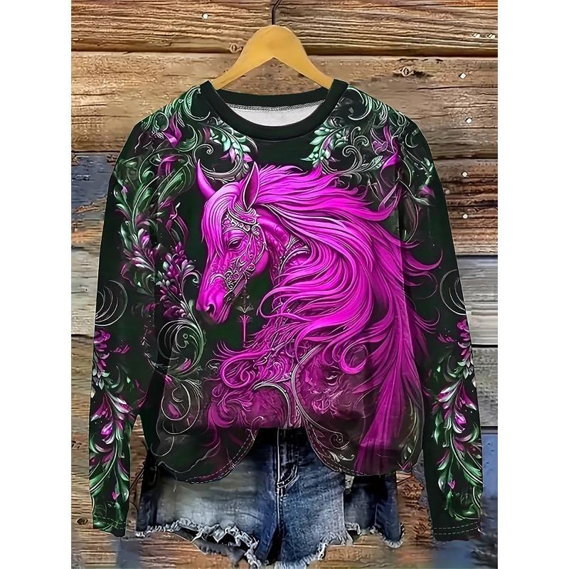 Fashion Horse 3D Printing Women's Long Sleeved T-shirt Autumn Casual Holiday Gifts Festival Tops Harajuku Women's Clothing Tops