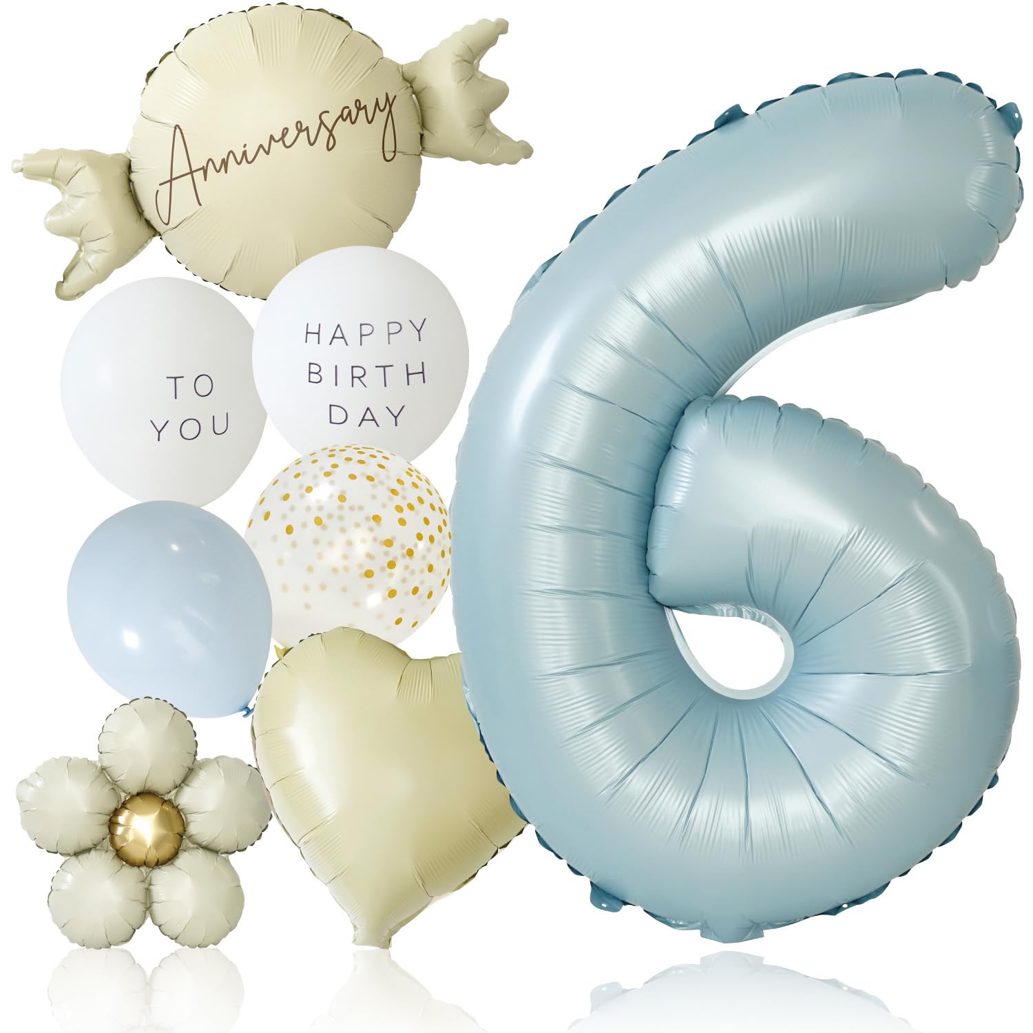 deerzon Dusty Blue 6-Year-Old Number Balloon Set 10 Pieces Large 65cm Nuance Color Birthday Decoration