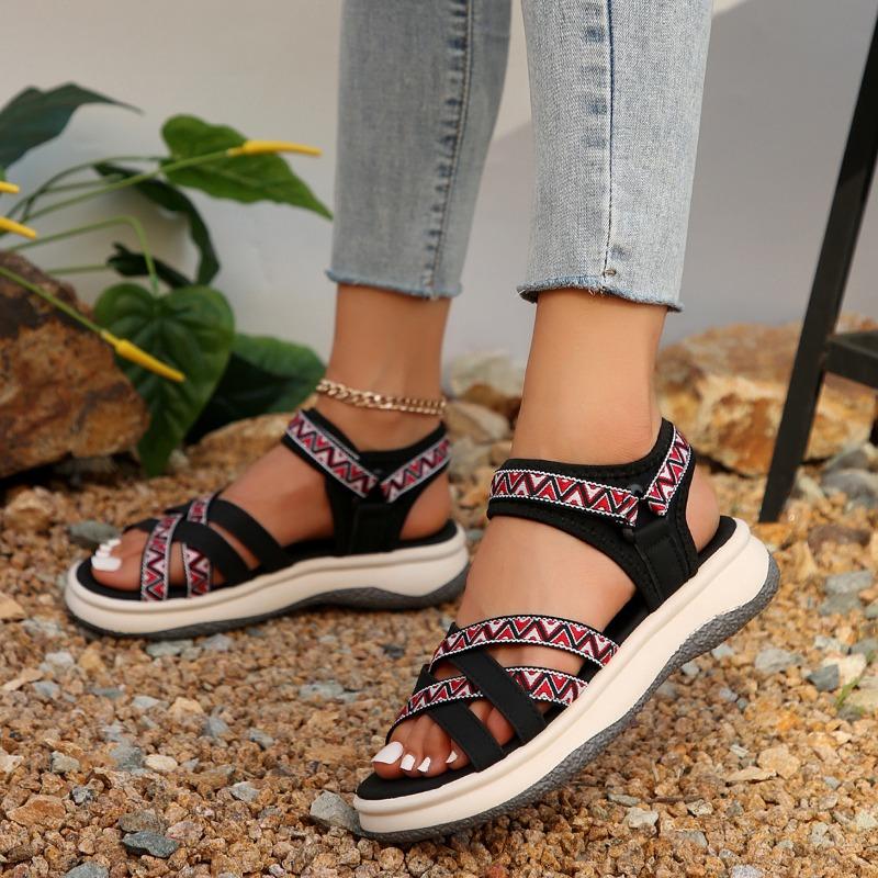 Women's New Summer Color-block Fashion Ethnic Style Light Beach Shoes Cross with Peep-toe Soft Platform Sandals