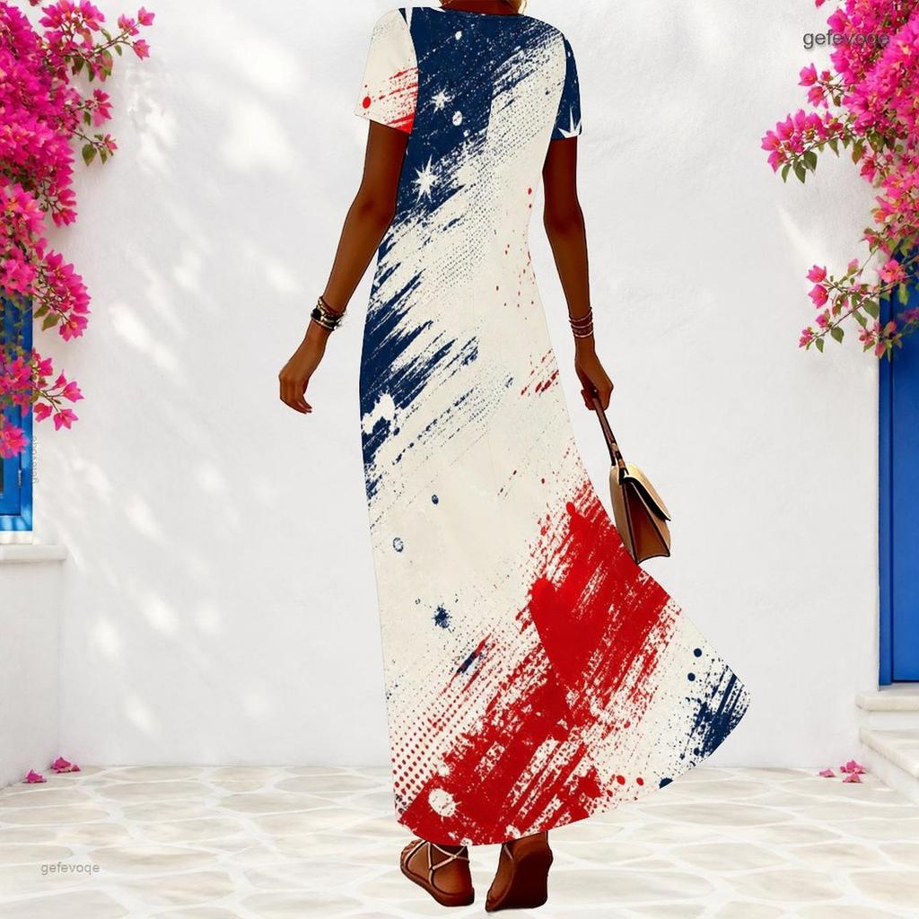 Women Plus Size V Neck Short Sleeve Firework Printed Navy Blue Long Dress