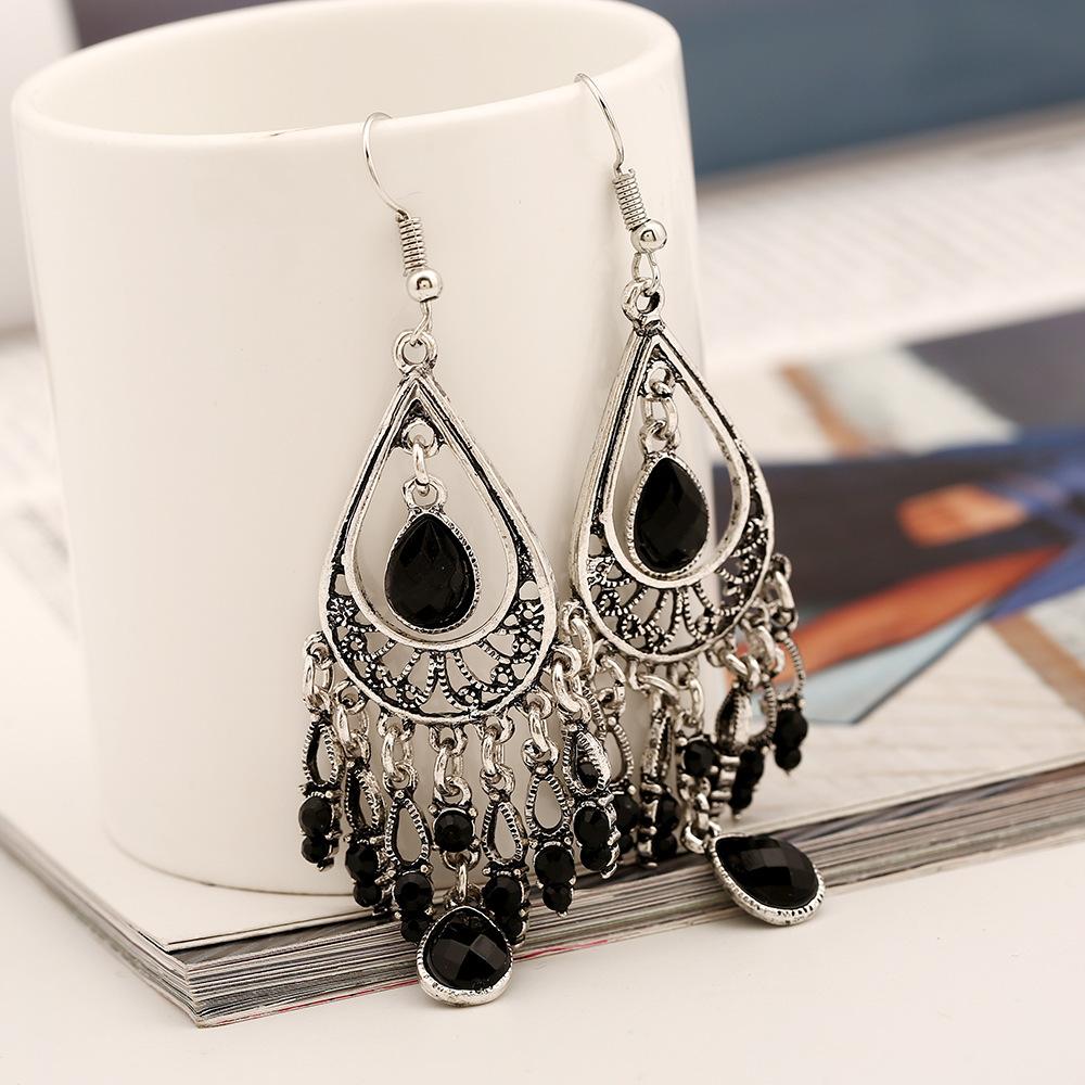 Bohemian Ethnic Style Antique Silver Color Alloy Hollow Acrylic Resin Gems Water Droplet Tassel Earrings Women Vacation Jewelry