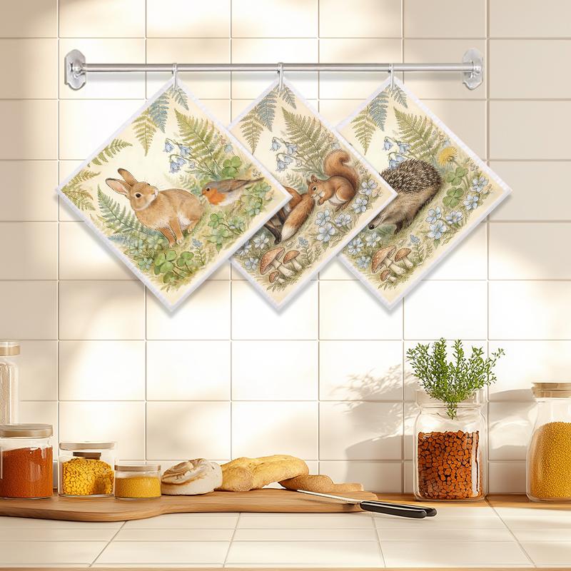 

6PCS Cleaning Dishcloths Reusable Kitchen Dish Towels Fox Rabbit Deer Pattern Dishcloth Absorbent Lint Free Cloth Washable Duster Rags Tea Towels J120A-3 PCS