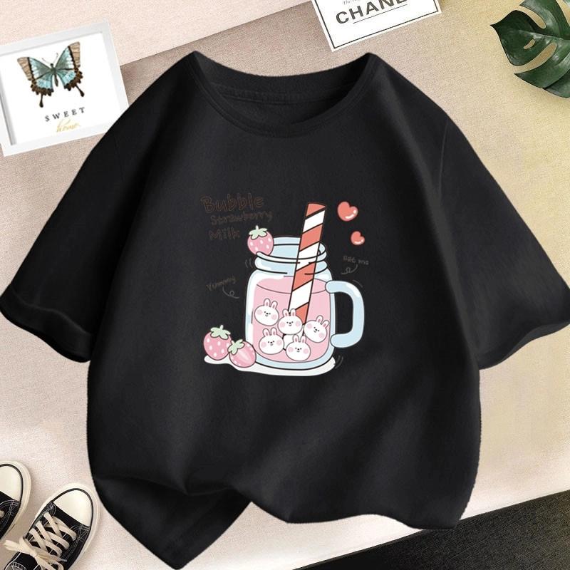

Strawberry Juice Graphic Print T-shirt Teenage Girls Casual Kawaii Fashion Summer Round Neck Short Sleeve Colorful Tops T-shirt 100cm чорний