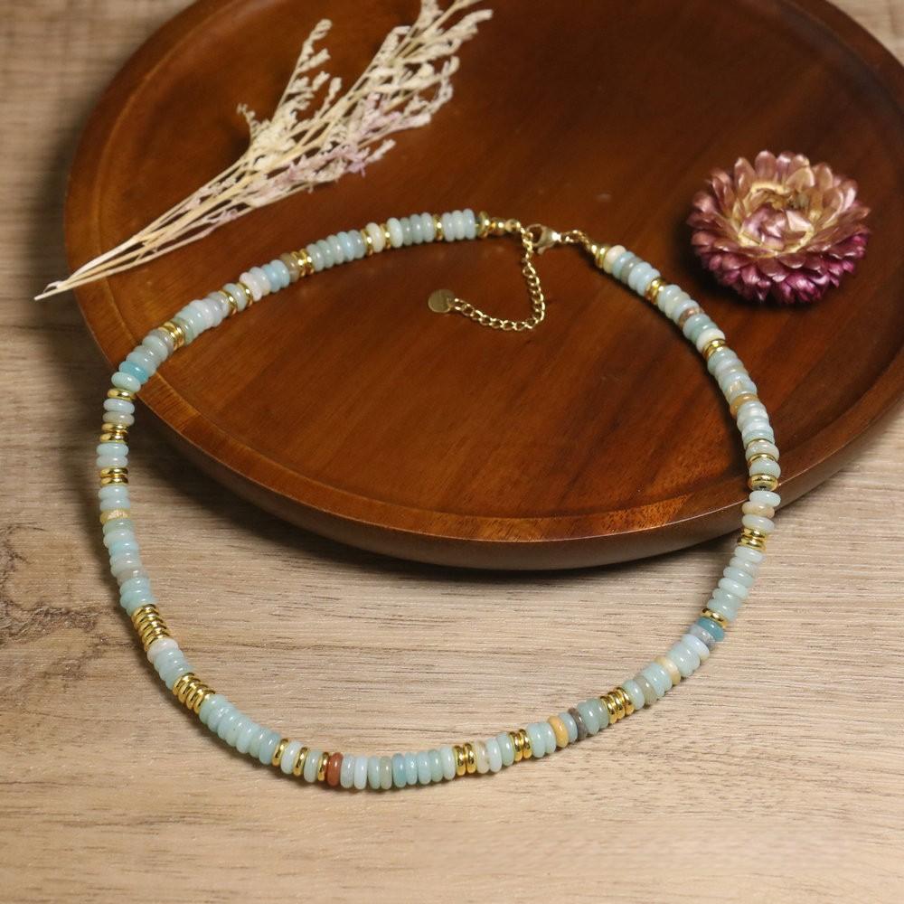 

Natural Stone Aquamarine Spacer Beaded Necklace, Handmade Adjustable Neck Chain Bohemian Women s Exquisite Jewelry