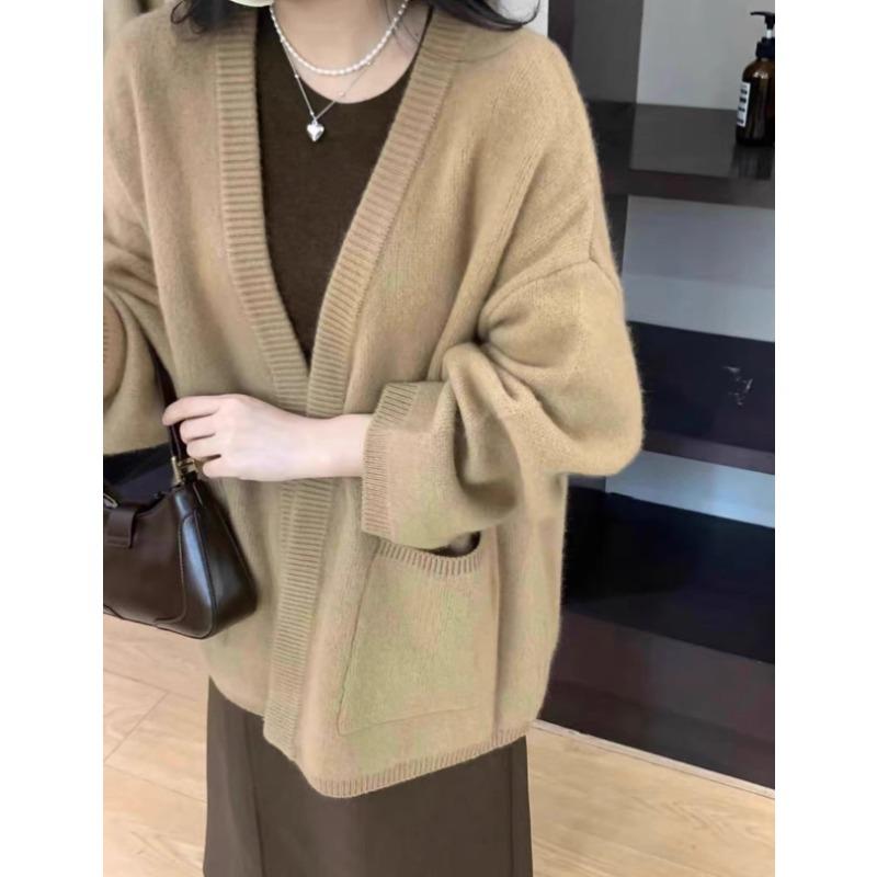 Solid Color V-neck Cardigan Women In The Long V-neck Thickened Autumn and Winter Lazy Soft Leisure Loose Warm Coat