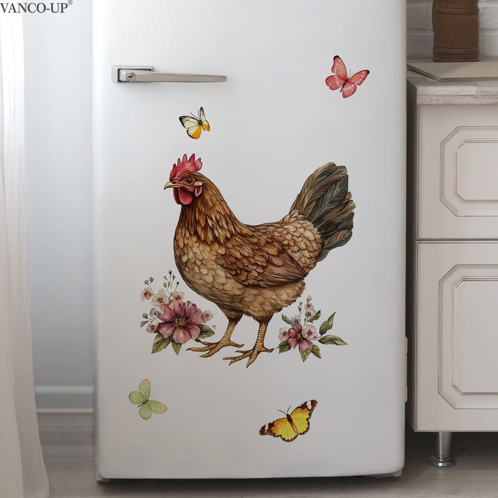 Floral Greenery Butterfly Rooster Wall Stickers, Self-Adhesive Decor for Bedroom Living Room Background Decoration