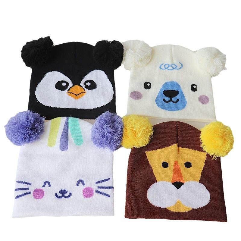 1-6Children's Autumn and Winter Christmas Cartoon Knit Hat, Super Elastic Beanie with Pom-Pom, Warm Pullover Hat