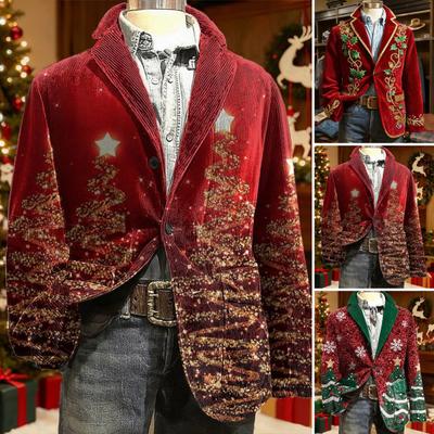 Suit Coat Corduroy Winter Jacket Slim Fit Single-Breasted Suit Jacket Lapel Long Sleeve 3D Christmas Themed Print Outerwear