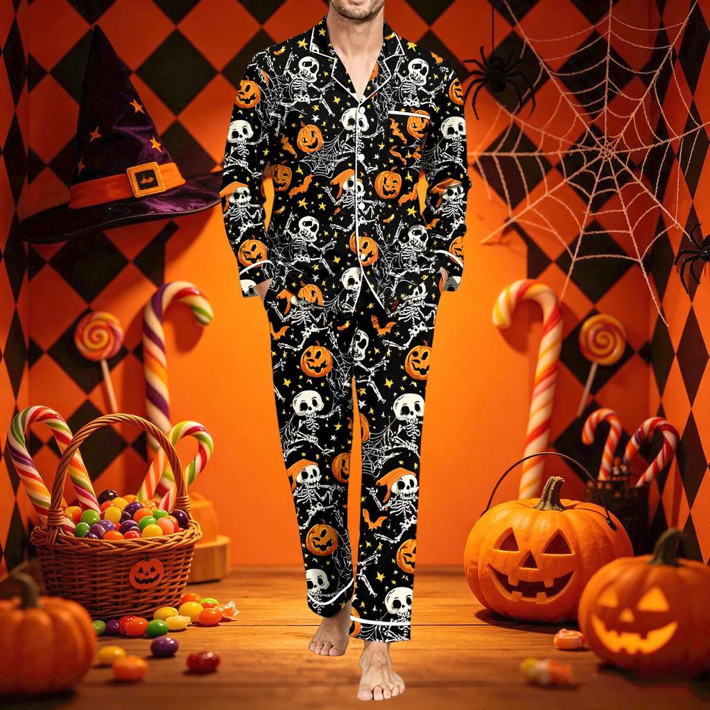 Men's Pajama Set with Long Sleeve Shirt and Pants, Loose Fit Halloween Print Sleepwear