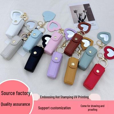 Portable Heart Mirror Lipstick Case Keychain with Leather Holder