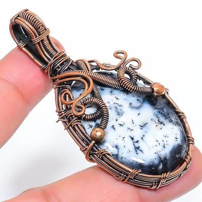 Natural Dendrite Opal Gemstone Handmade Copper Wire Wrap Pendant 2.60" Z2l22