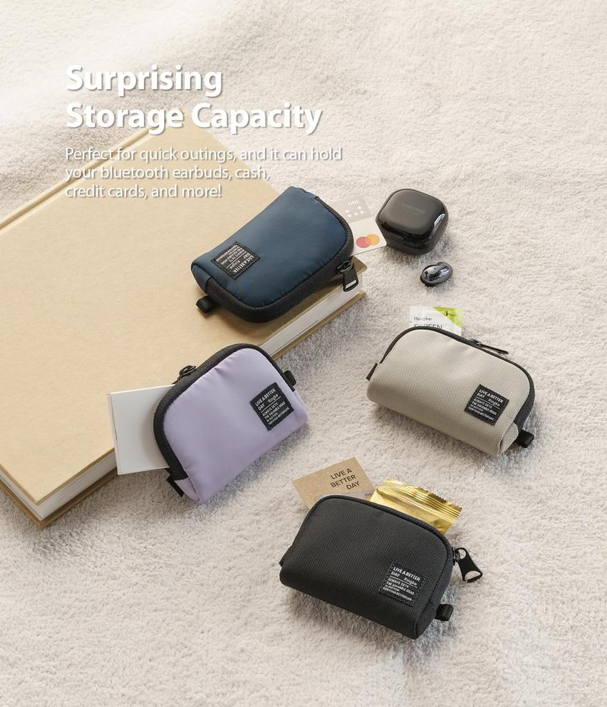 Ringke MINI POUCH HALF POCKET Earphone Case, IC Card, Cash, Coin Purse, Earphone Pouch, Mini Pouch, Mini Bag (with Carabiner) - Black