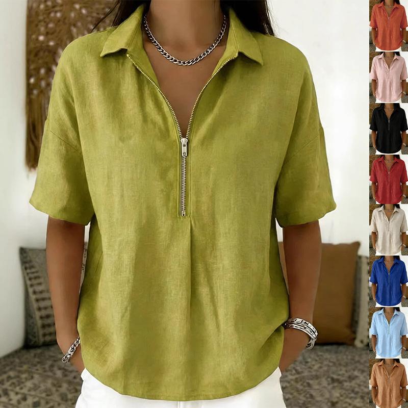 Women's Half Zip Collared Linen Blend Blouse Casual Short Sleeve Shirt with Solid Color