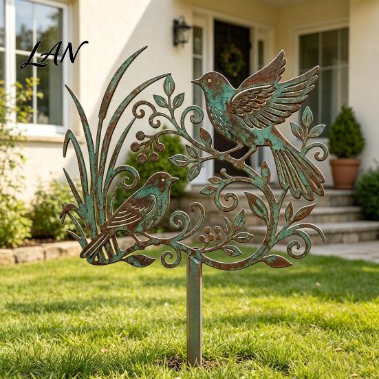 Rustic Copper Bird Statue Metal Garden Stake, Weather Resistant Iron Yard Art Ornament, Unique Accent Retro Patina Finish Sign for Outdoor Lawn Decor