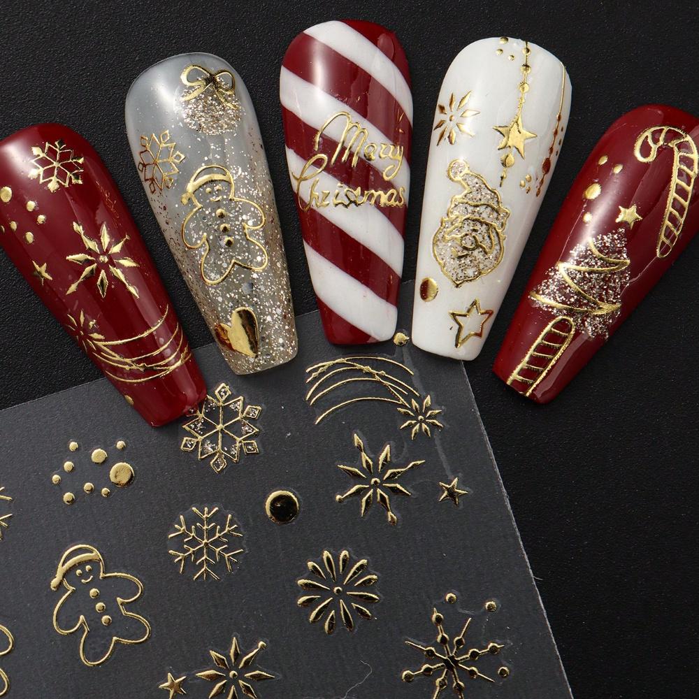 2 Pieces of Christmas and New Year Nail Stickers with Golden Snowflakes, Christmas Tree, Reindeer Heart, DIY Holiday Nail Art
