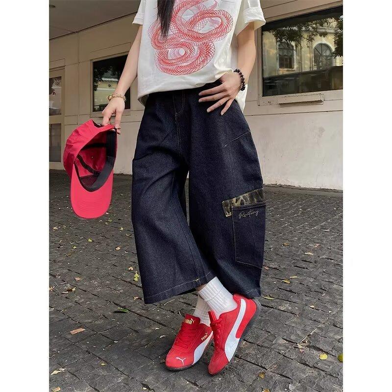 

New leopard print splicing multi-pocket blue jeans women s loose and thin scimitar straight-leg pants S синий
