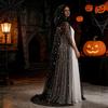 Halloween Nacht Event Kostüm Vollständig Langer Kapuzenmantel für Damen, Stern Mond Durchsichtiger Tüll Gotisches Hexen Umhang Kostüm, Renaissance Zubehör Lang Fließend